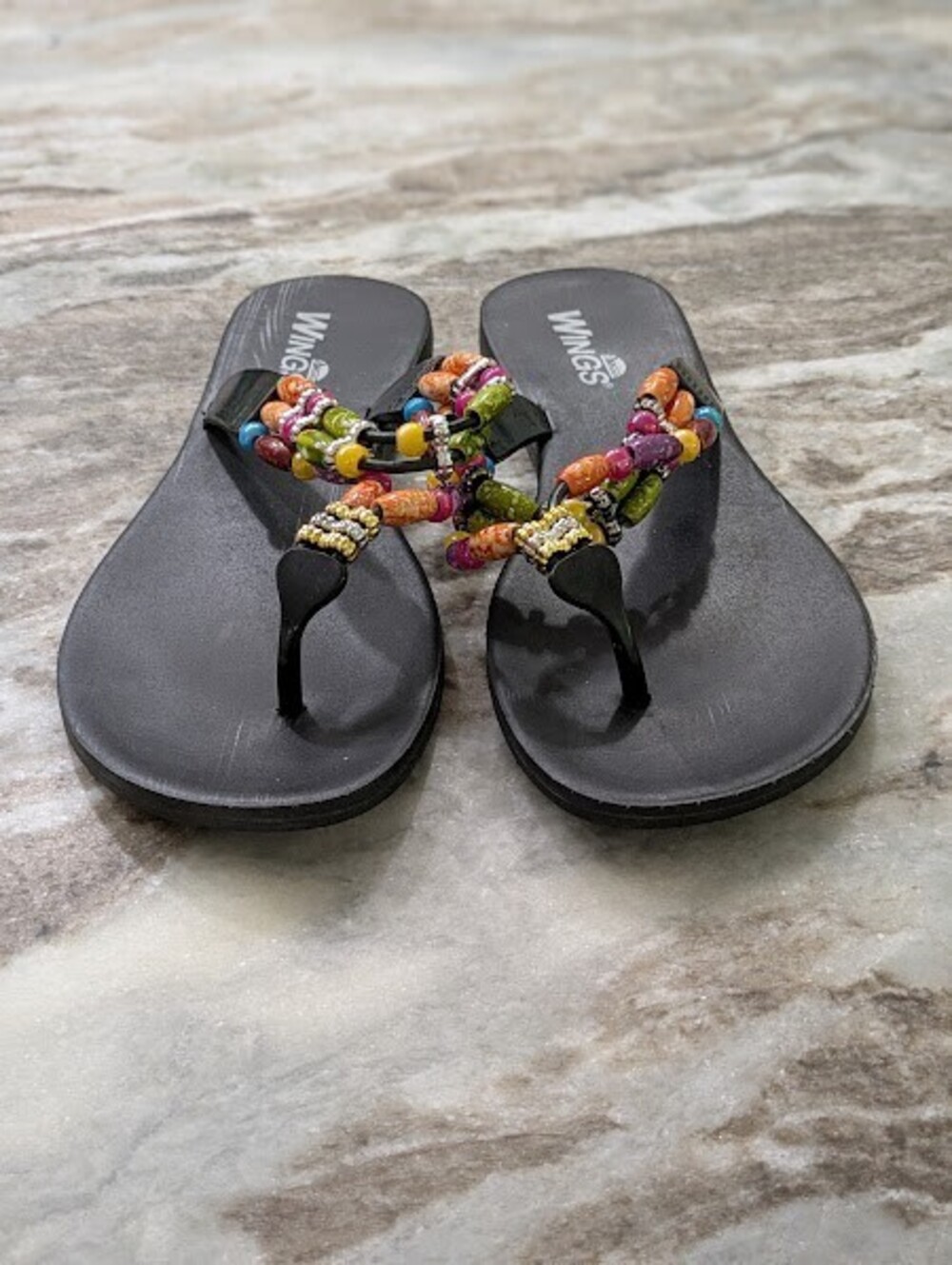 🖤 Wings Black Beaded Flip‑Flops 9 | GUC